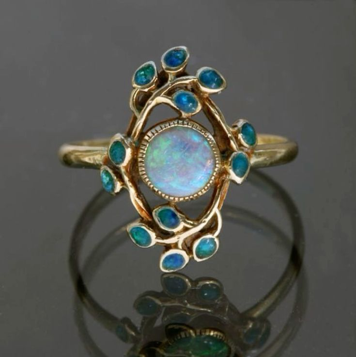 Vintage Floral Design Opal & Blue Crystal Gold Ring