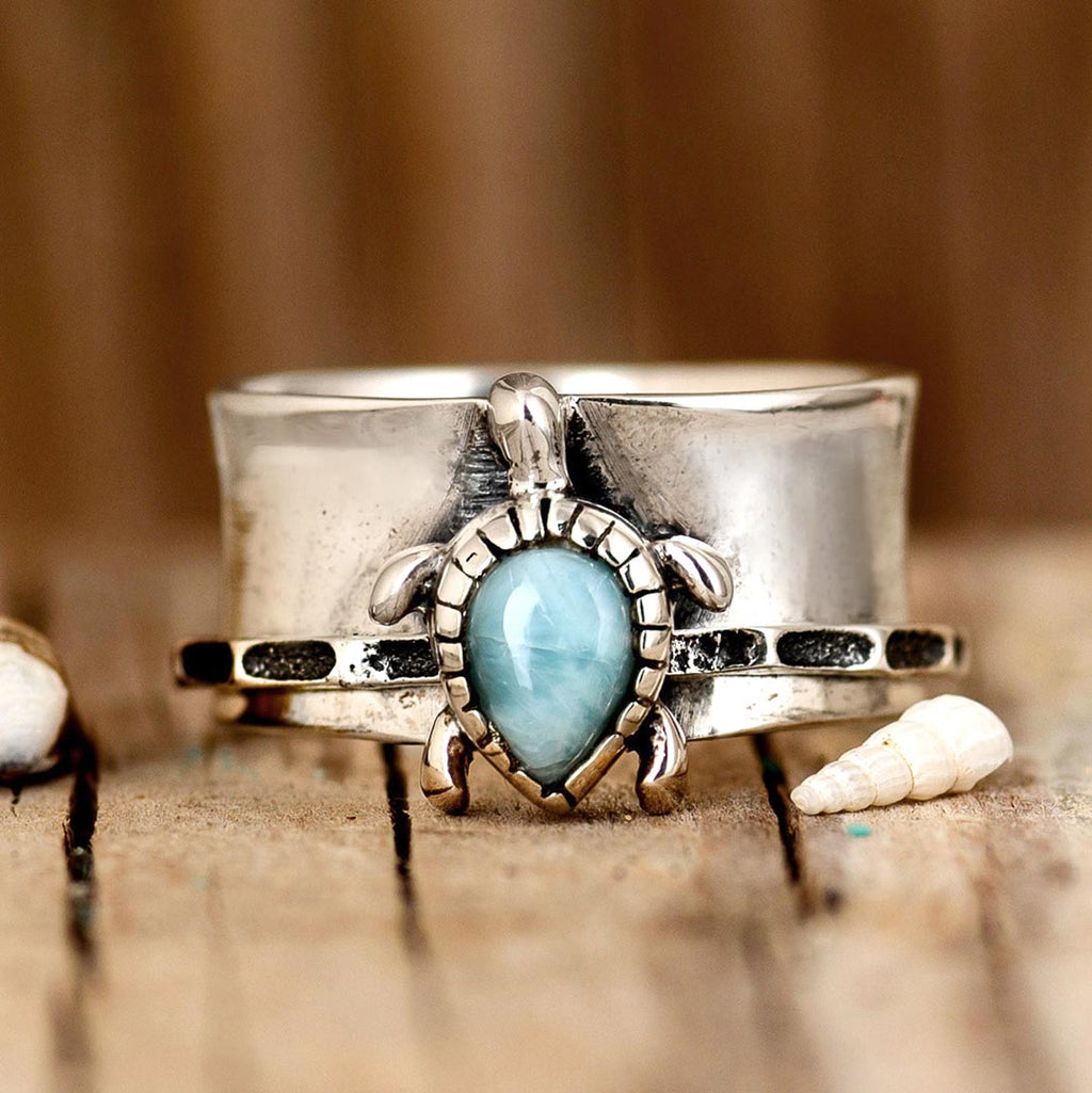 Elegant Turtle Larimar Silver Statement Fidget Ring