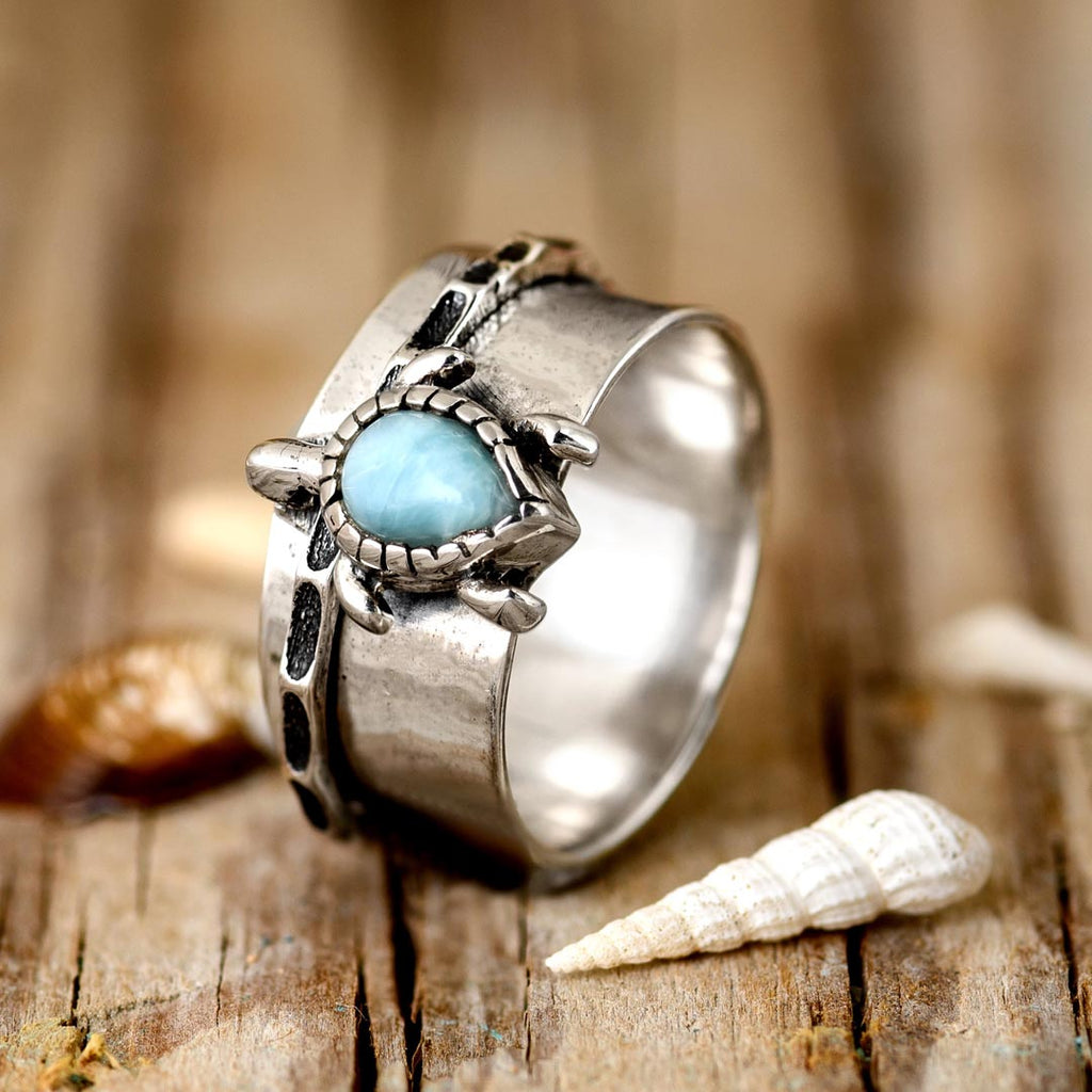 Elegant Turtle Larimar Silver Statement Fidget Ring
