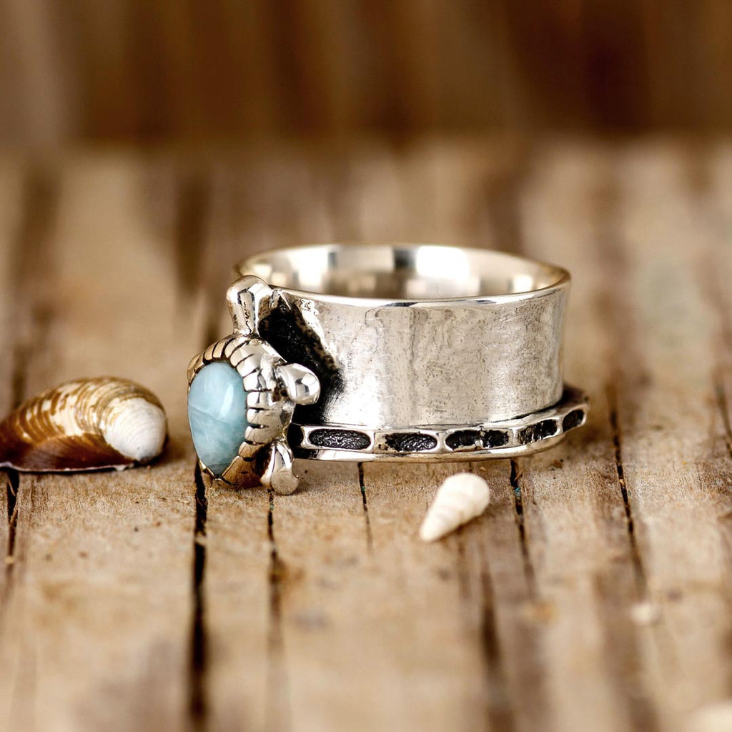 Elegant Turtle Larimar Silver Statement Fidget Ring