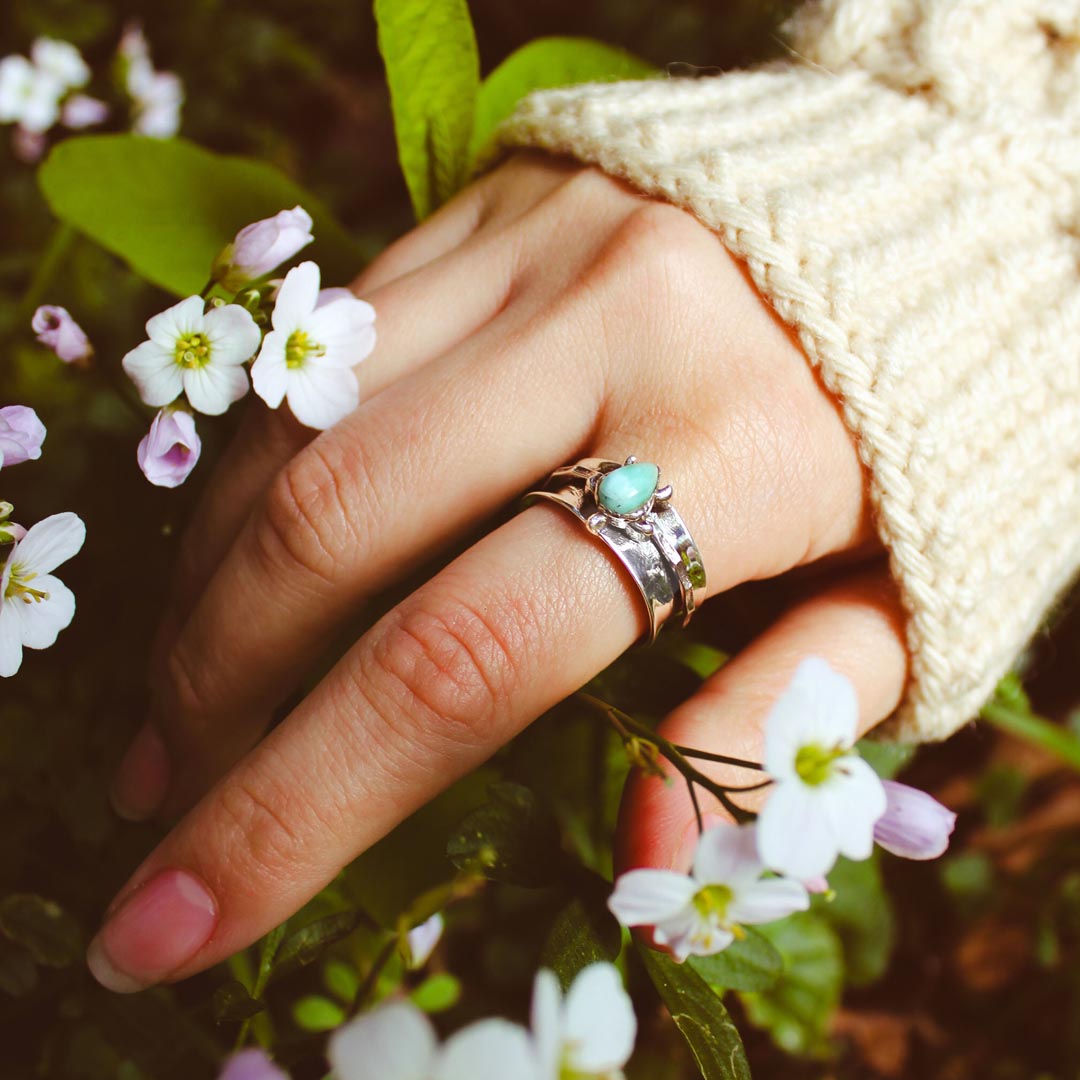 Elegant Turtle Larimar Silver Statement Fidget Ring