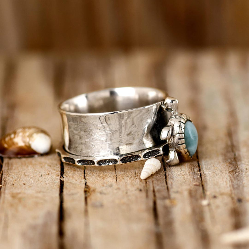 Elegant Turtle Larimar Silver Statement Fidget Ring