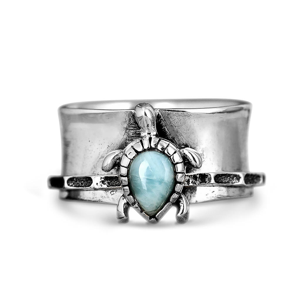Elegant Turtle Larimar Silver Statement Fidget Ring