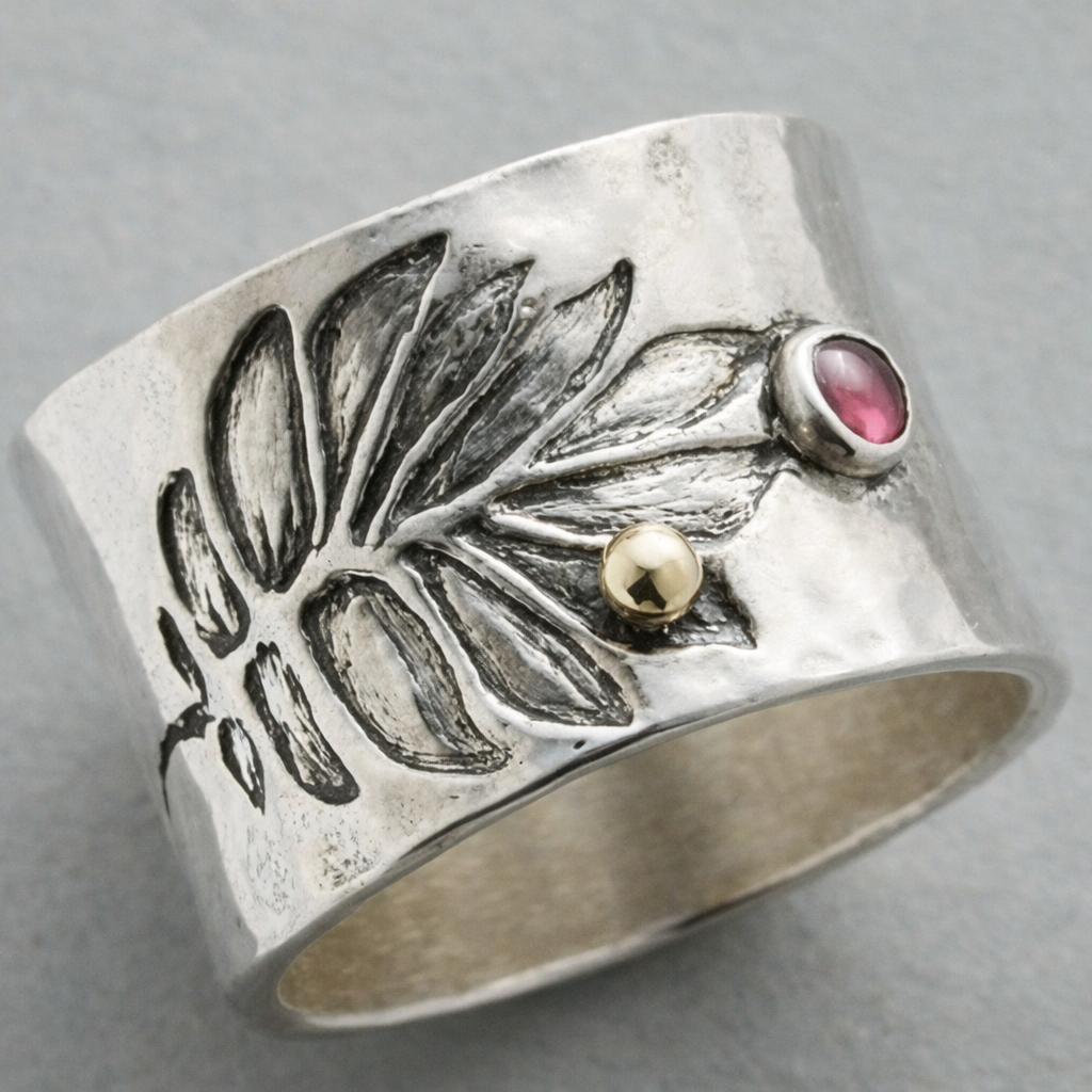 Bohemian Carved with Pinkish Zirconia Inlay Wide Ring