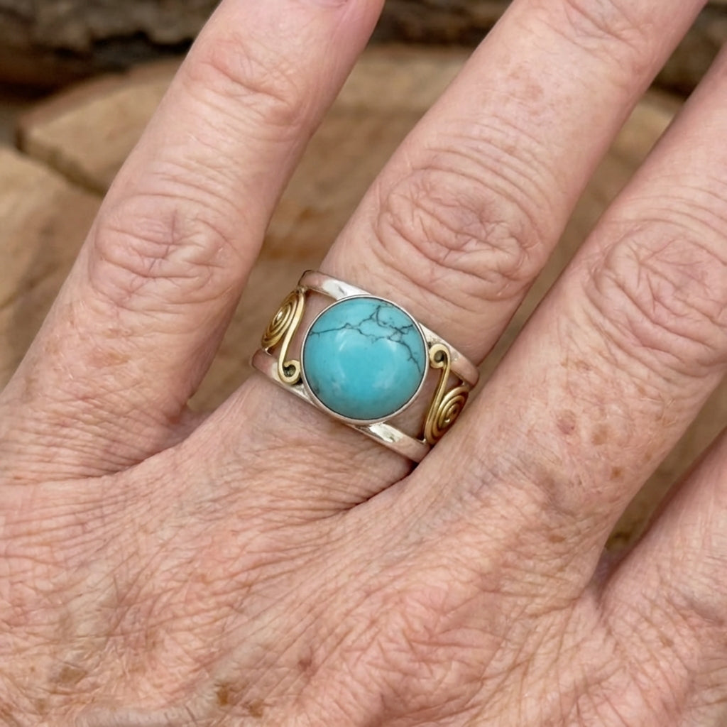 Bohemian Two Tone Plated Round Turquoise Stone Ring