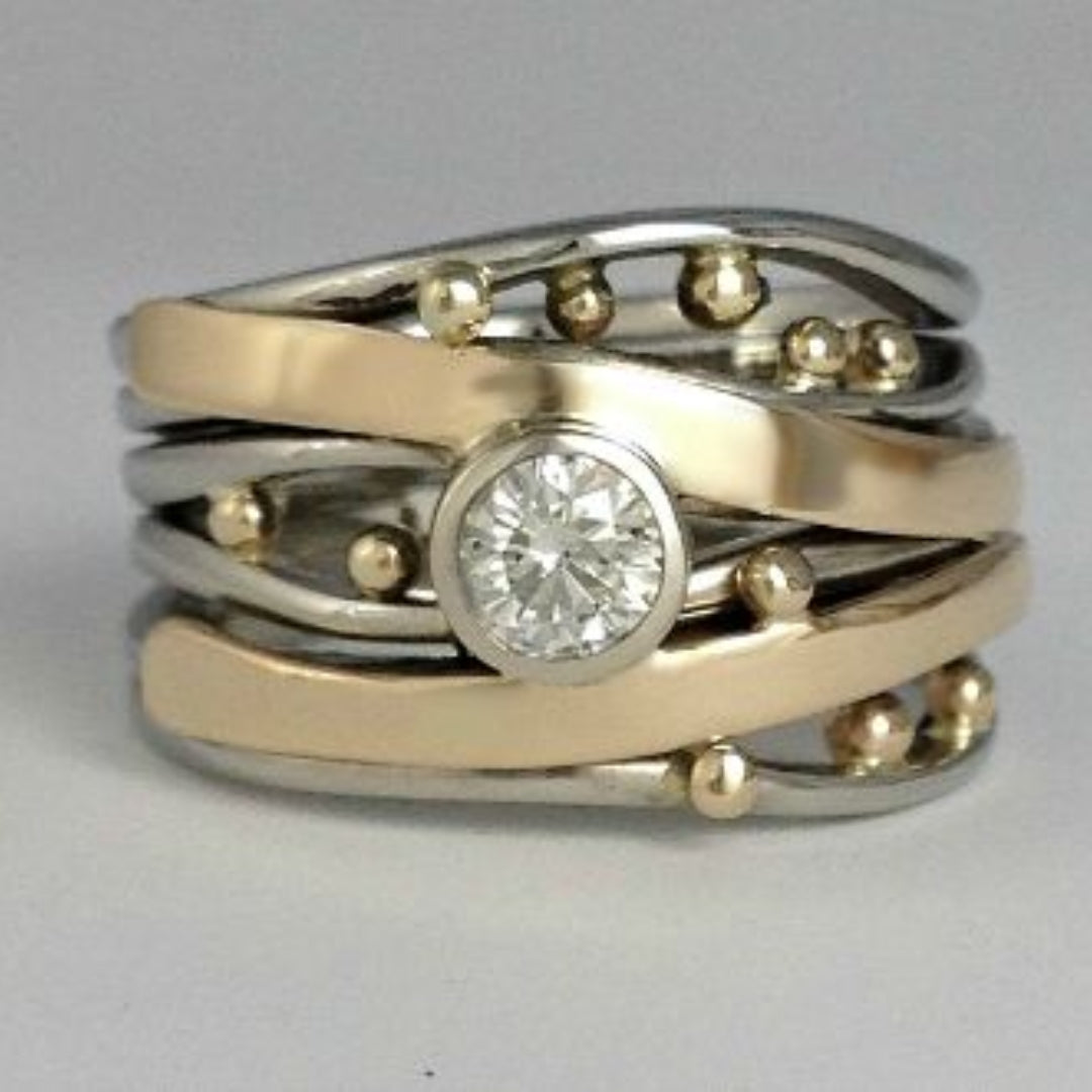 Vintage Zirconia Accent Gold Inlay Artisan Band Ring
