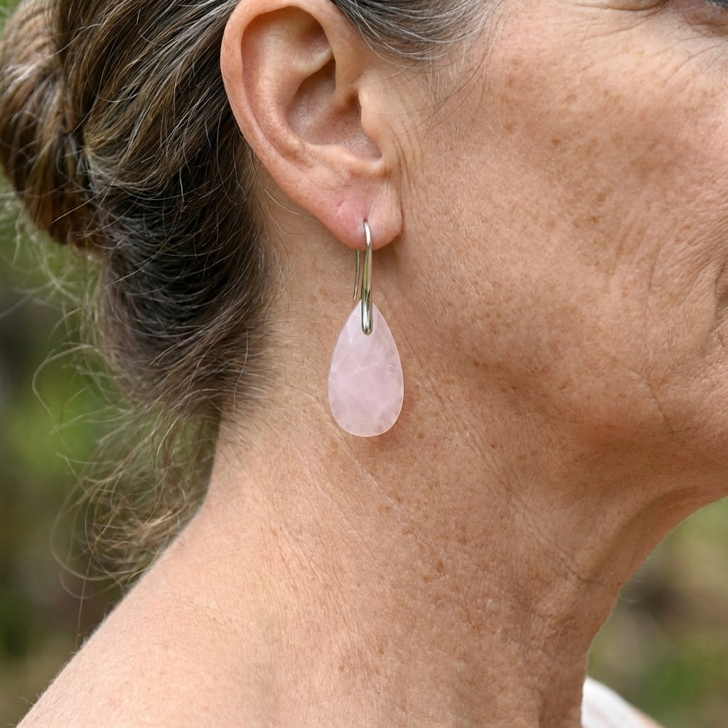 Elegant Natural Stone Rose Quartz Teardrop Earrings