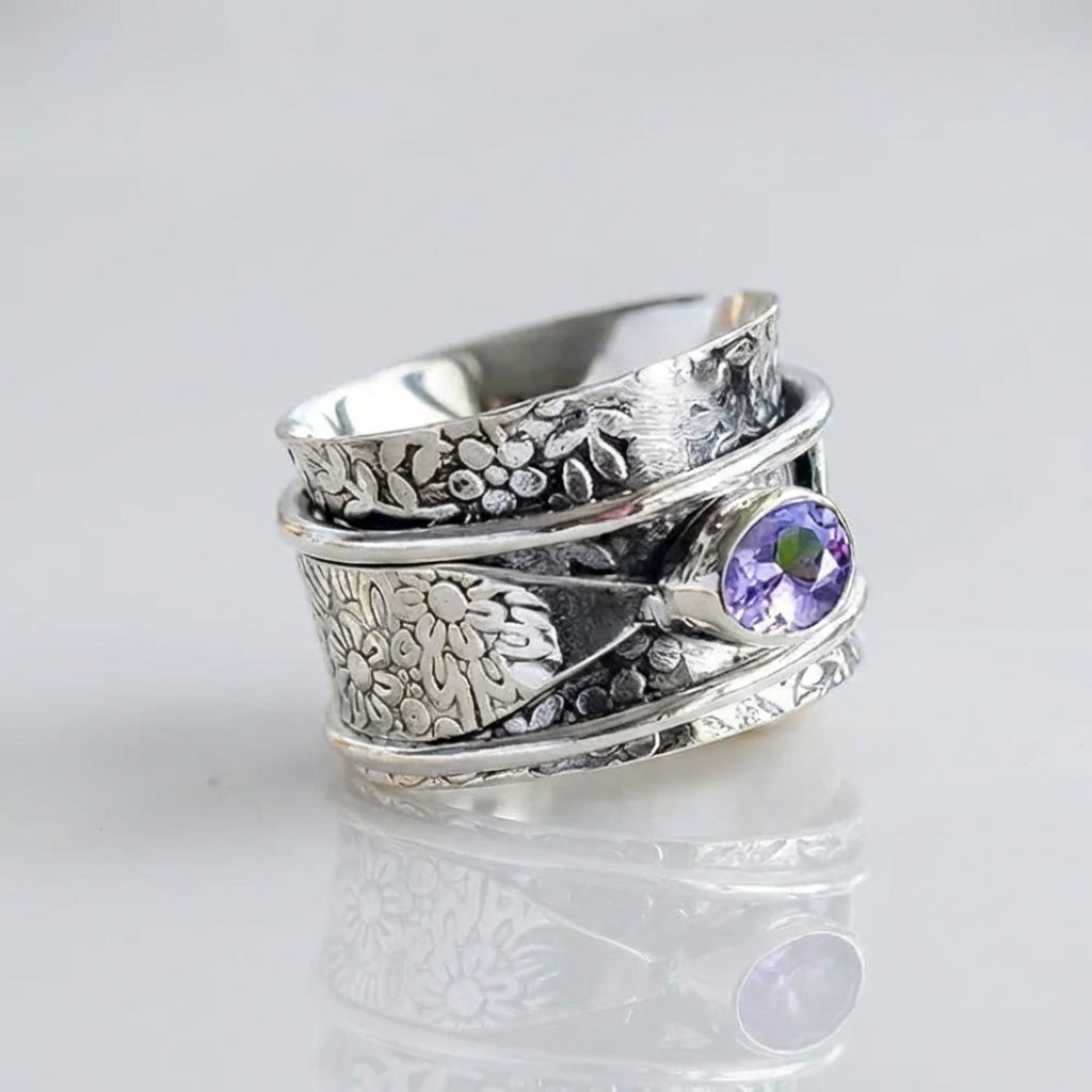 Elegant Purple Quartz Flowers and Butterfly Spinner Ring