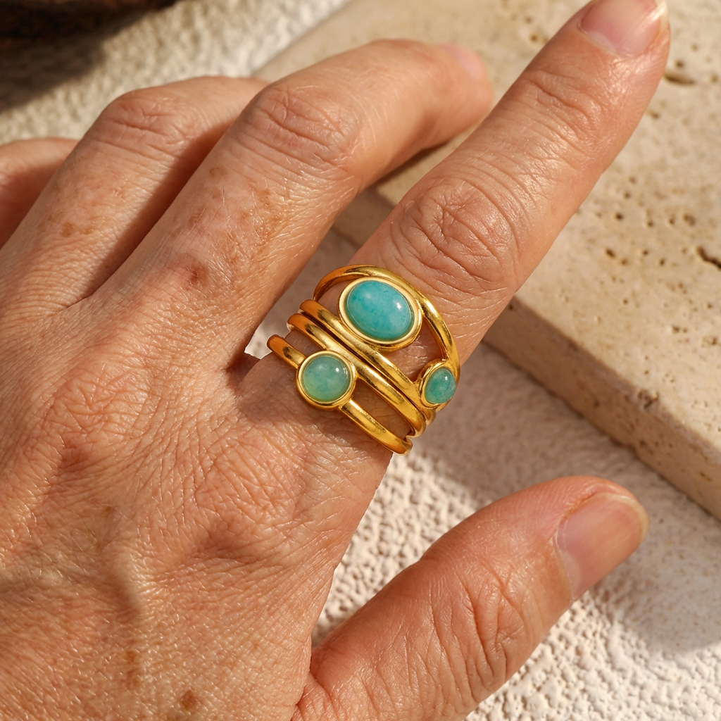 Gold Wire Turquoise Double Stone Statement Ring