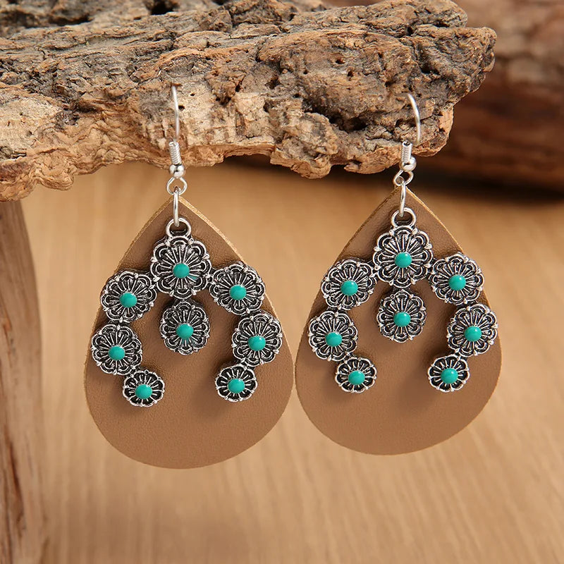 Bohemian Western Turquoise Crescent Leather Earrings