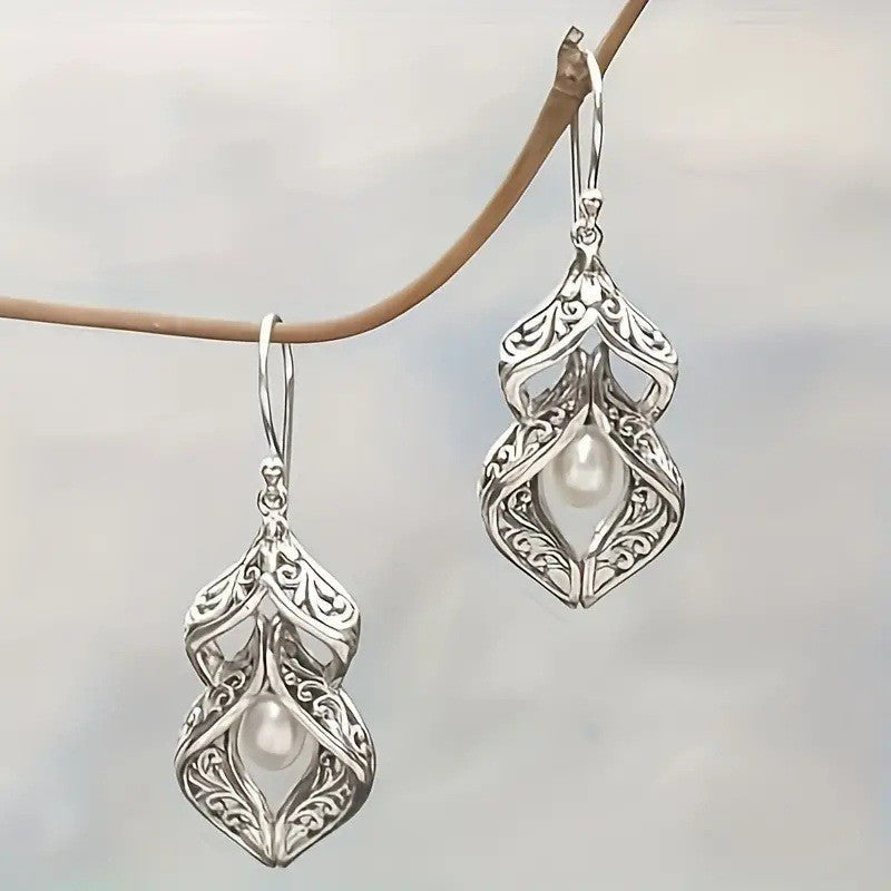 Carved Pattern Faux Pearl Pendant Earrings