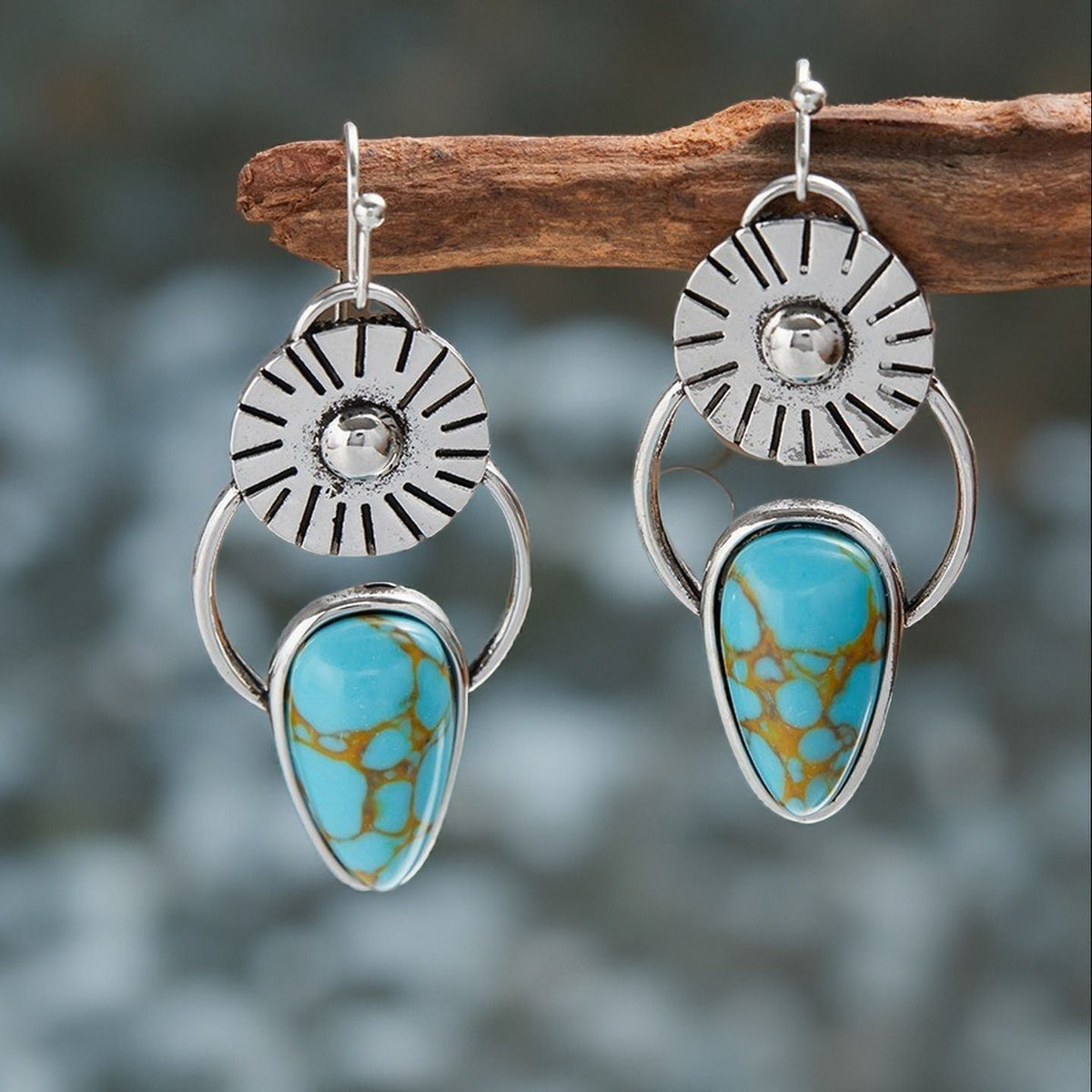Vintage Handmade Sunburst Turquoise Drop Earrings