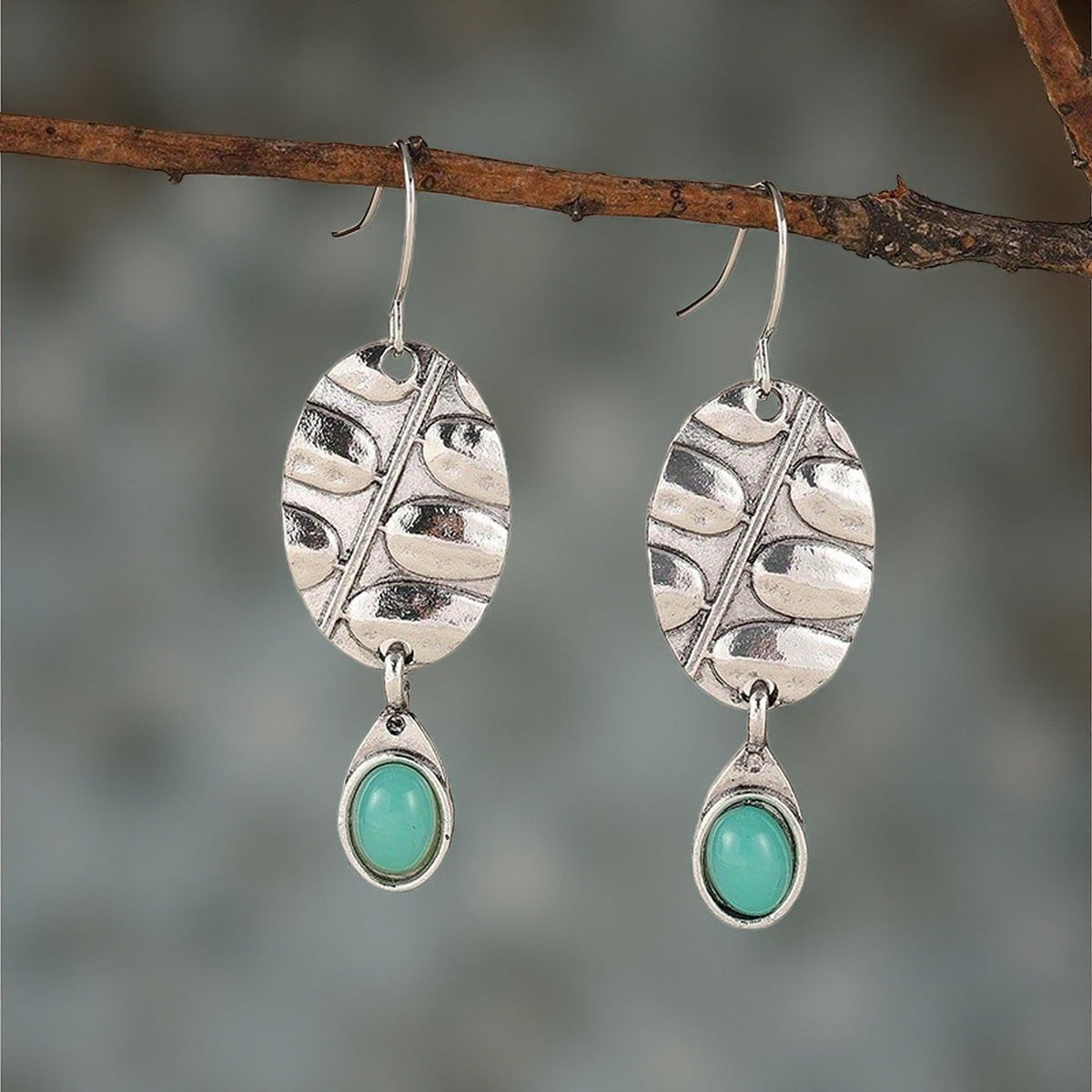 Vintage Botanical Turquoise Oval Leaf Drop Earrings