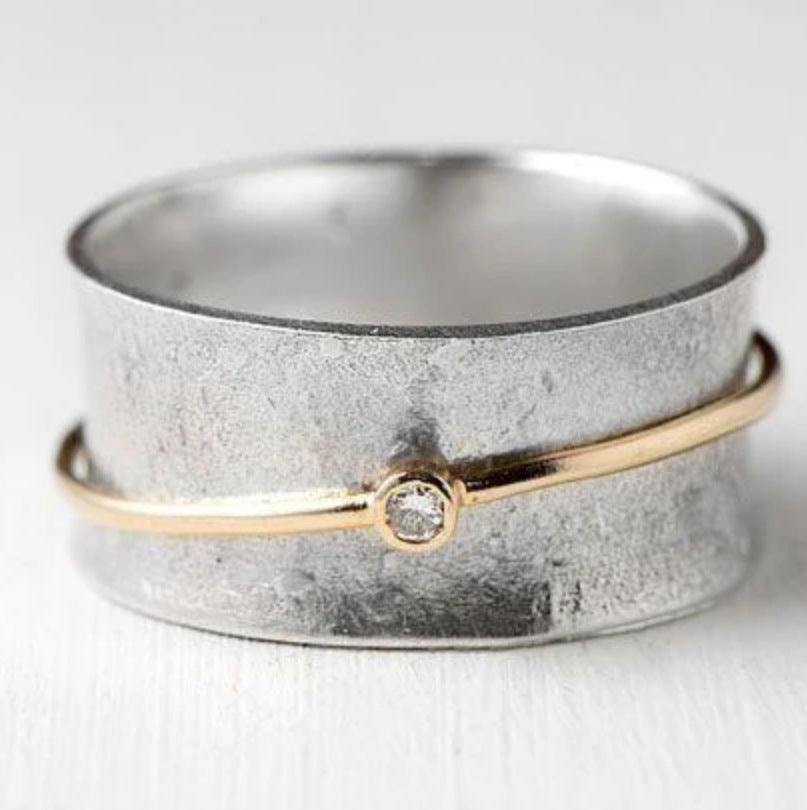 Minimalist Silver Band with Gold Diamond Accent Ring