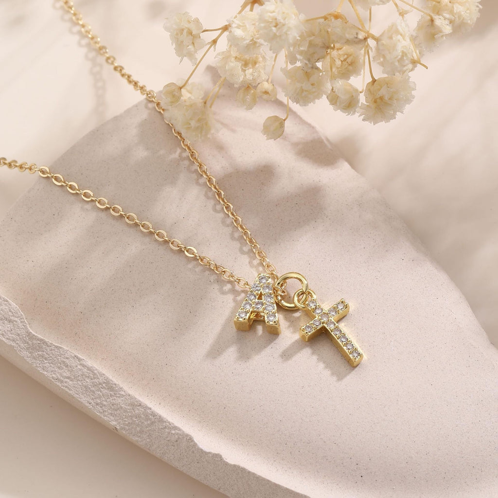 Dainty Diamond Initial & Cross Pendant Necklace