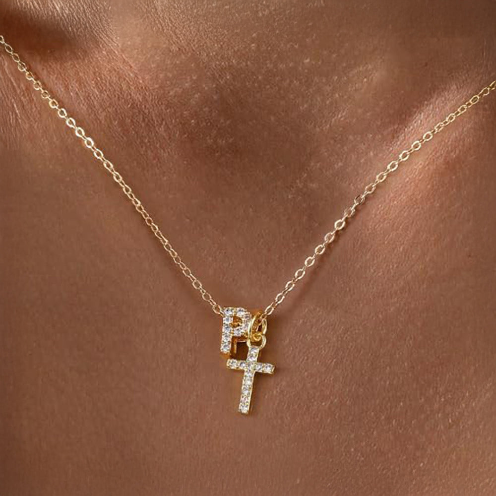 Dainty Diamond Initial & Cross Pendant Necklace