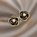 Black Enamel Floral Pearl Studs