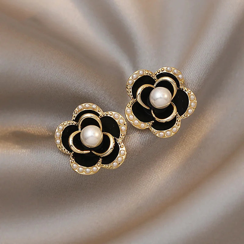 Black Enamel Floral Pearl Studs