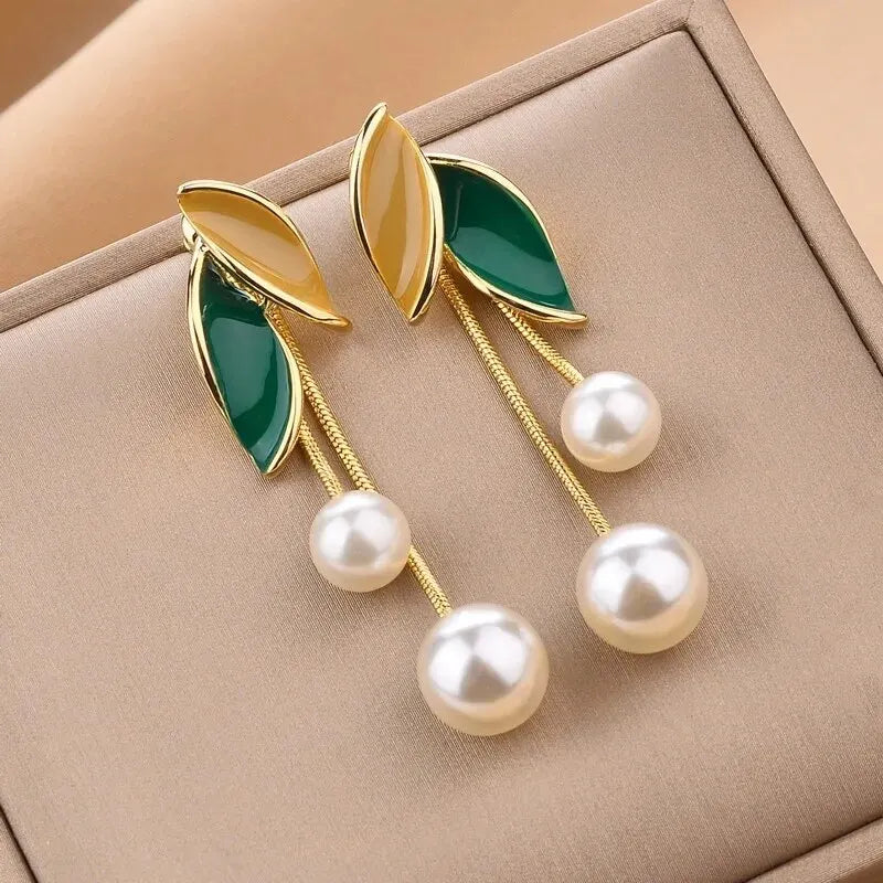Emerald Leaf Duo Pearl Dangle Earrings