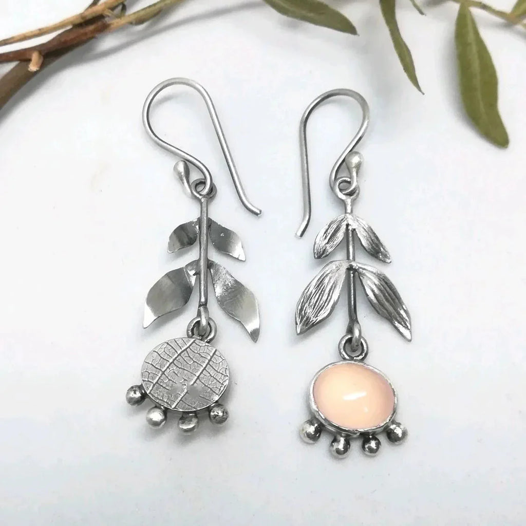 Silver Leafy Rose Quartz Drop Earrings