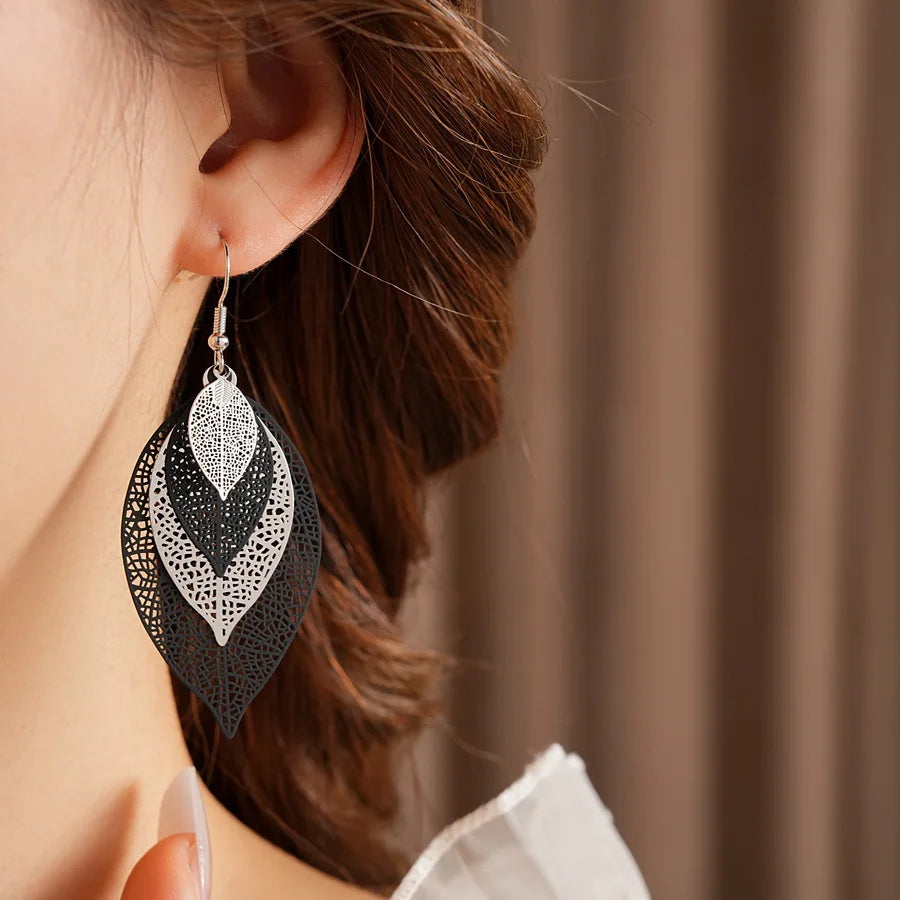 Black & Gold Filigree Leaf Earrings