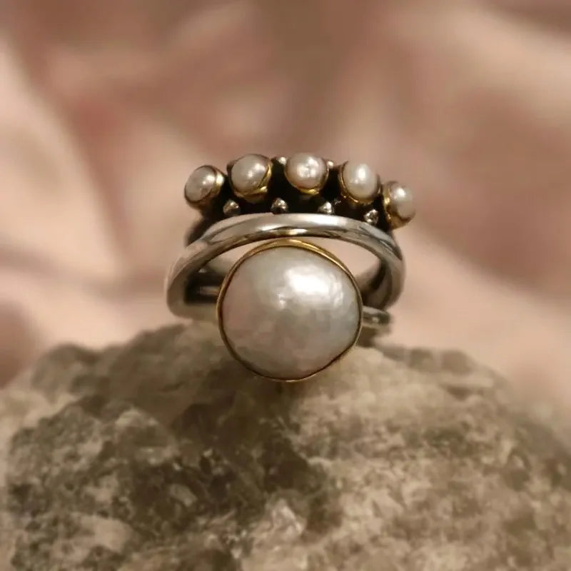 Silver Pearl Stacking Ring Set