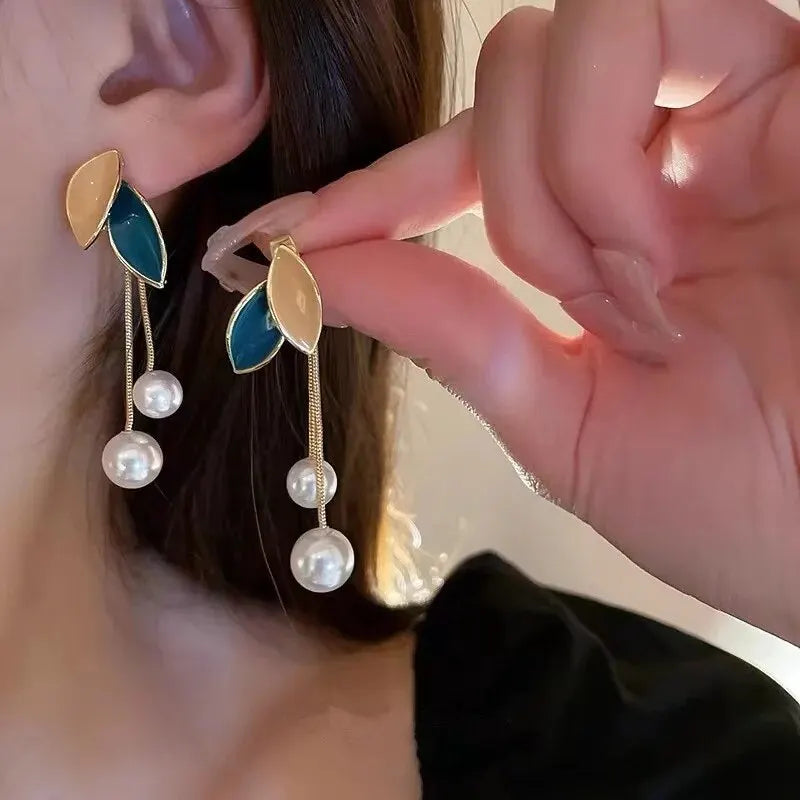 Emerald Leaf Duo Pearl Dangle Earrings