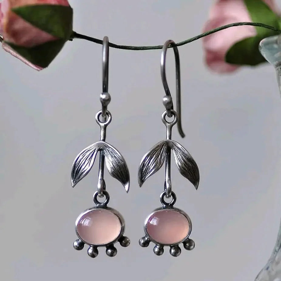 Silver Leafy Rose Quartz Drop Earrings