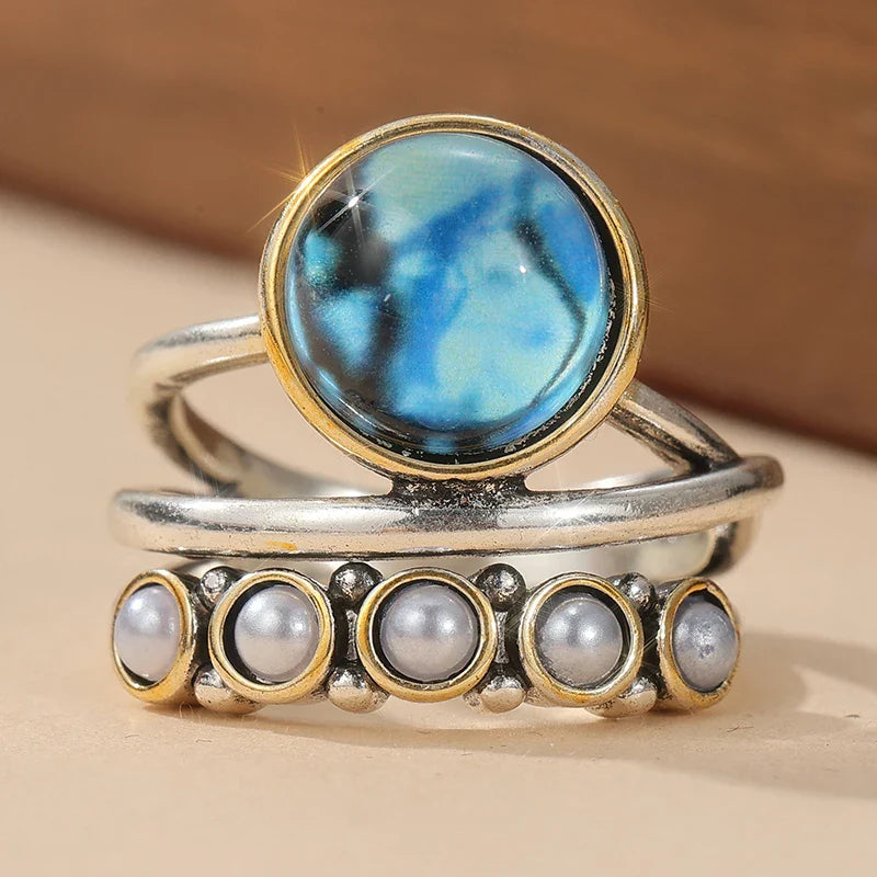 Ocean Blue Abalone & Pearl Stacking Ring