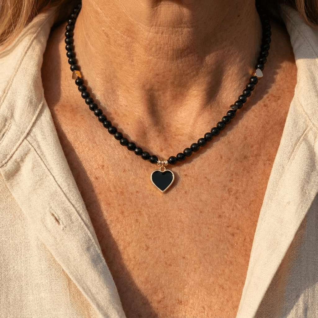 Handmade Black Beads Heart Pendant Necklace