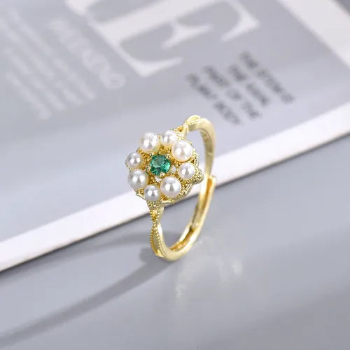 Vintage Pearl Beads & Green Stone Flower Ring