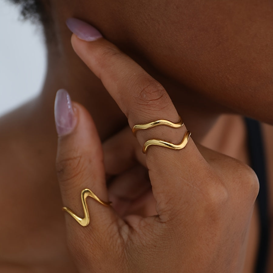 Minimal Design Wave-Style Gold Adjustable Ring Set