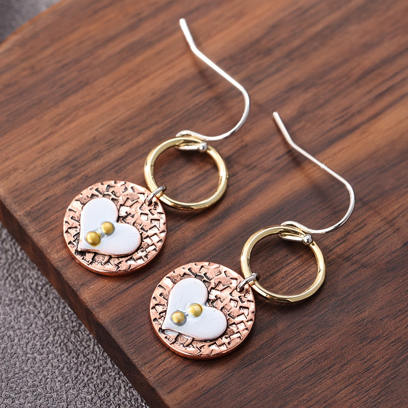 Rustic Textured Mixed Metal Circle Heart Dangle Earrings