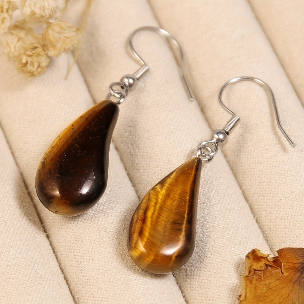 Elegant Tiger Eye Water Drop Design Earrings
