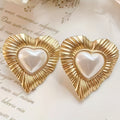 Vintage Gold Plated Faux Pearl Inlay Heart Shaped Stud Earrings