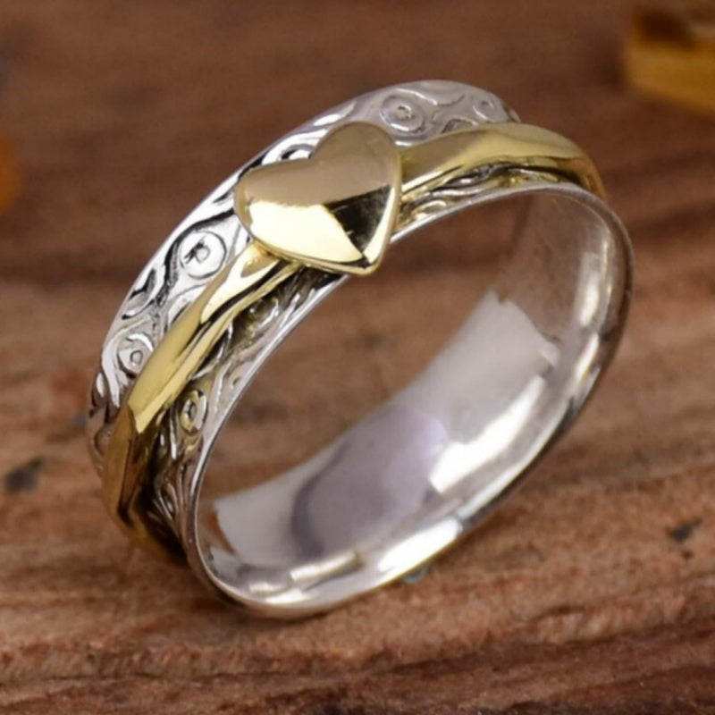 Vintage Two Tone Patterned Heart Spinner Ring