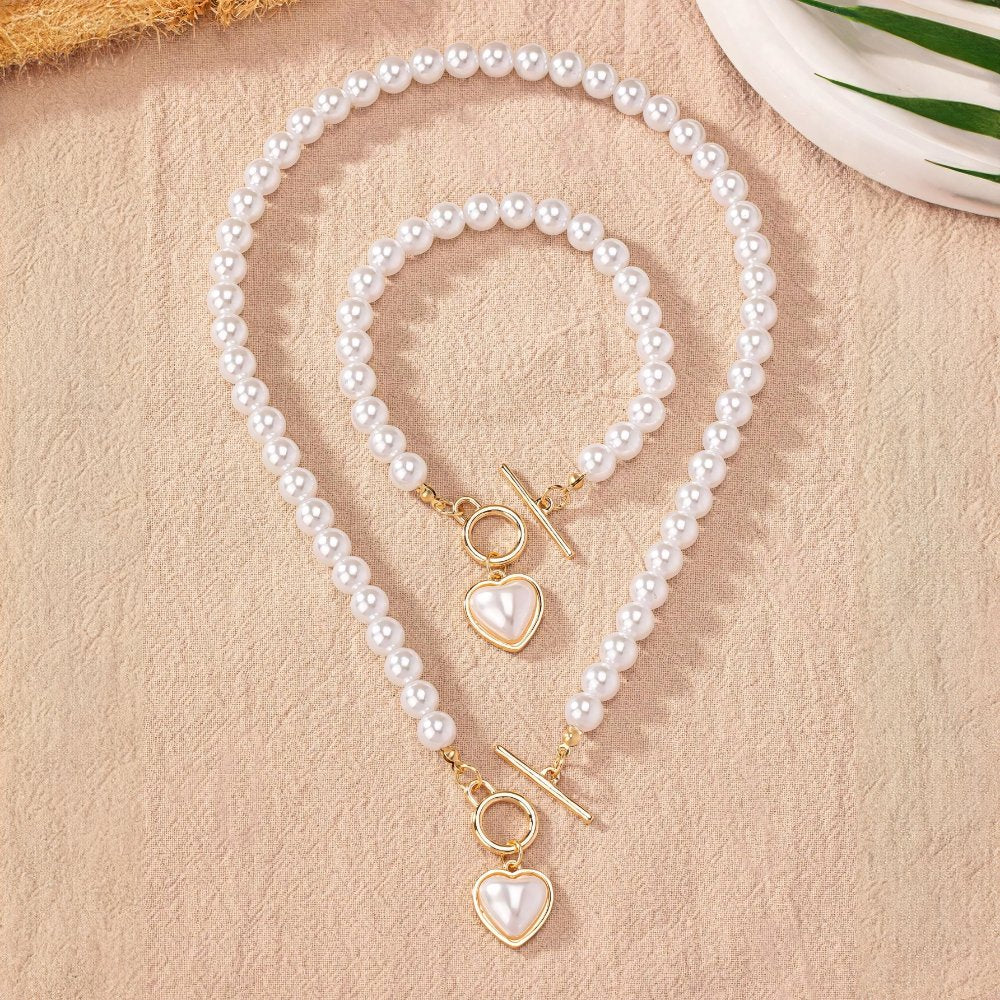 2Pc Beaded Heart Pendant Bracelet and Necklace Set