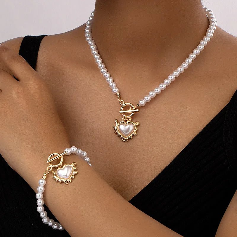 2Pc Beaded Heart Pendant Bracelet and Necklace Set