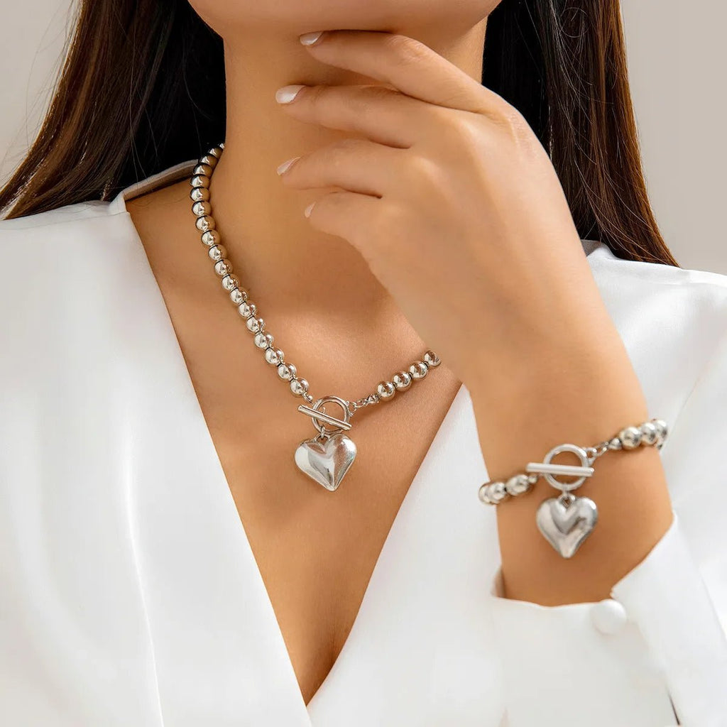 2Pc Beaded Heart Pendant Bracelet and Necklace Set
