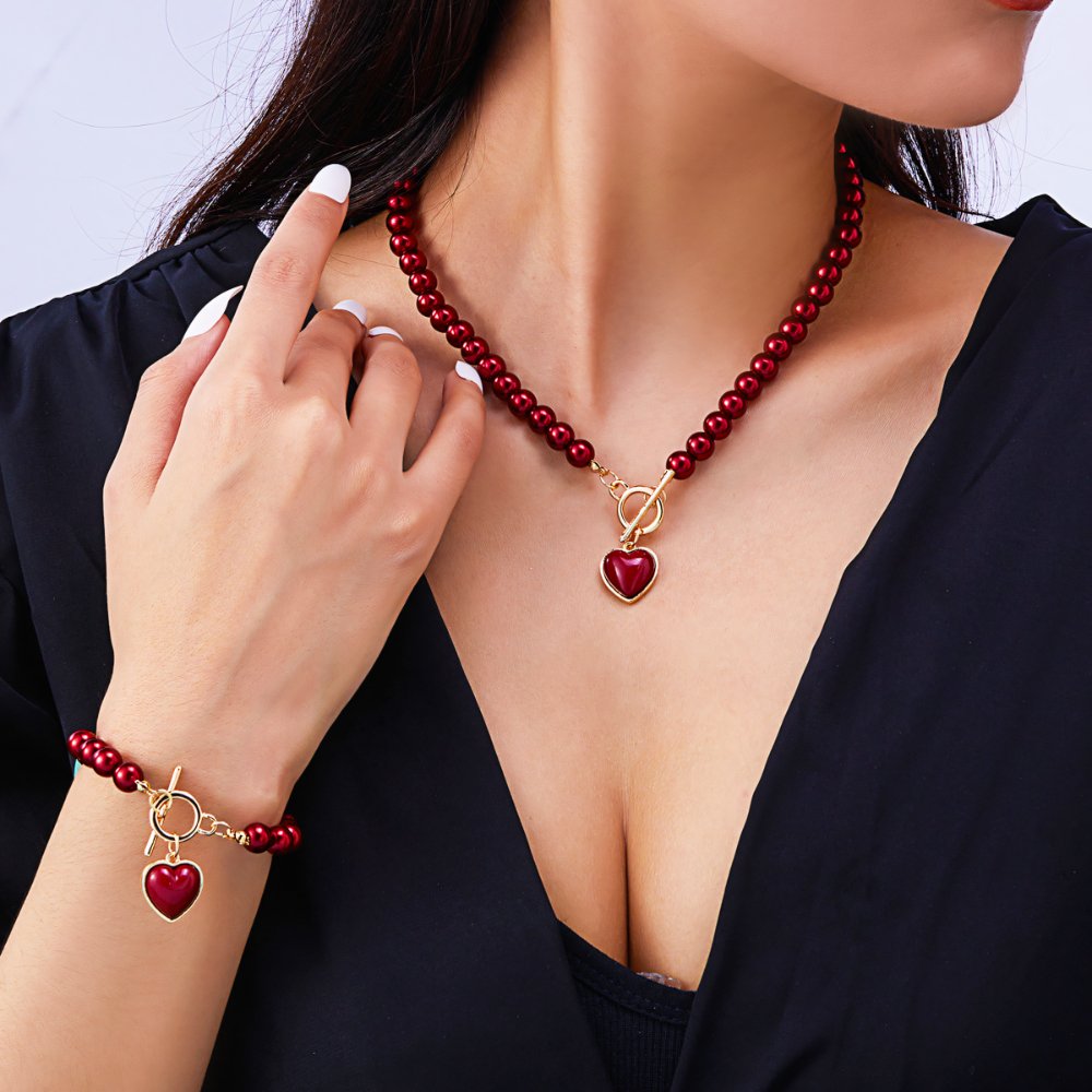 2Pc Beaded Heart Pendant Bracelet and Necklace Set