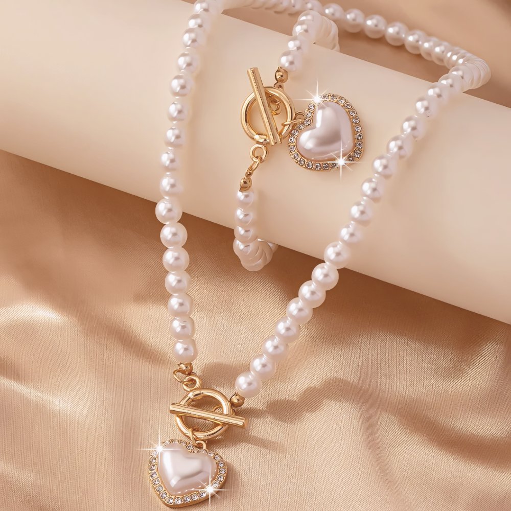 2Pc Beaded Heart Pendant Bracelet and Necklace Set