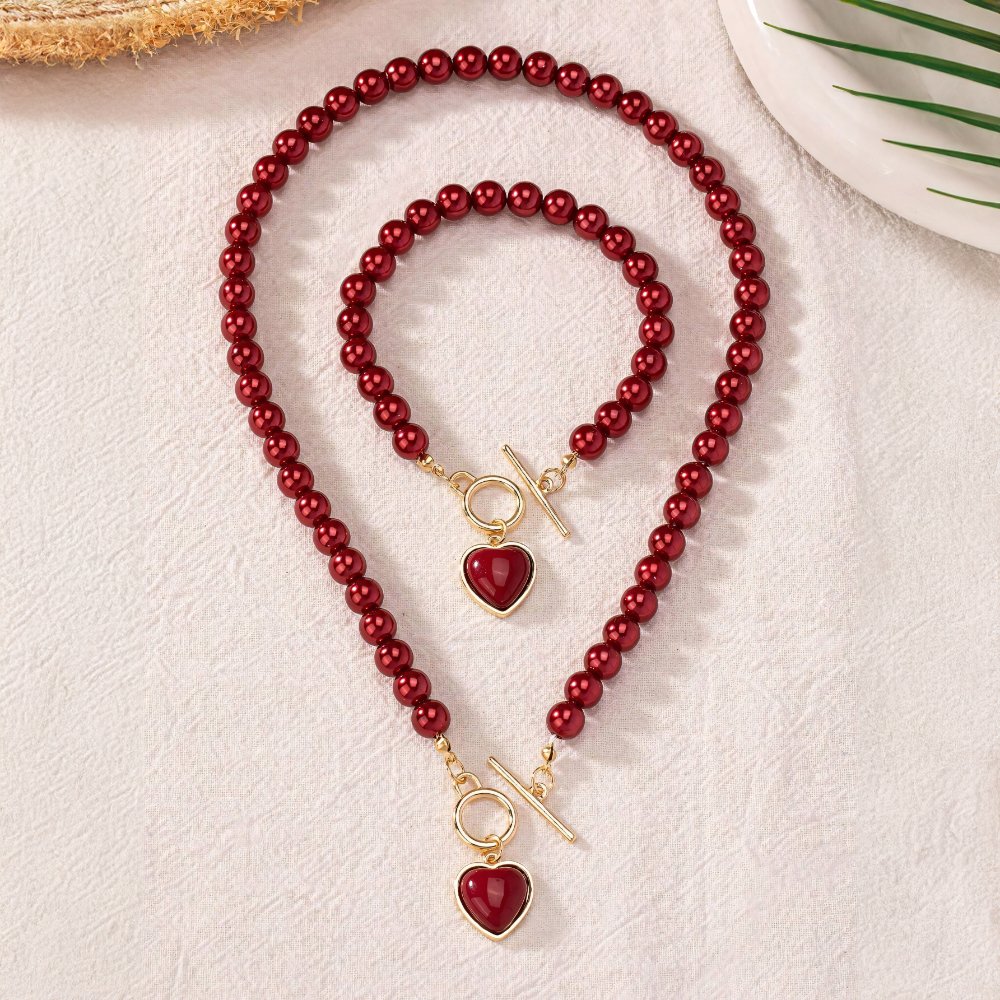 2Pc Beaded Heart Pendant Bracelet and Necklace Set