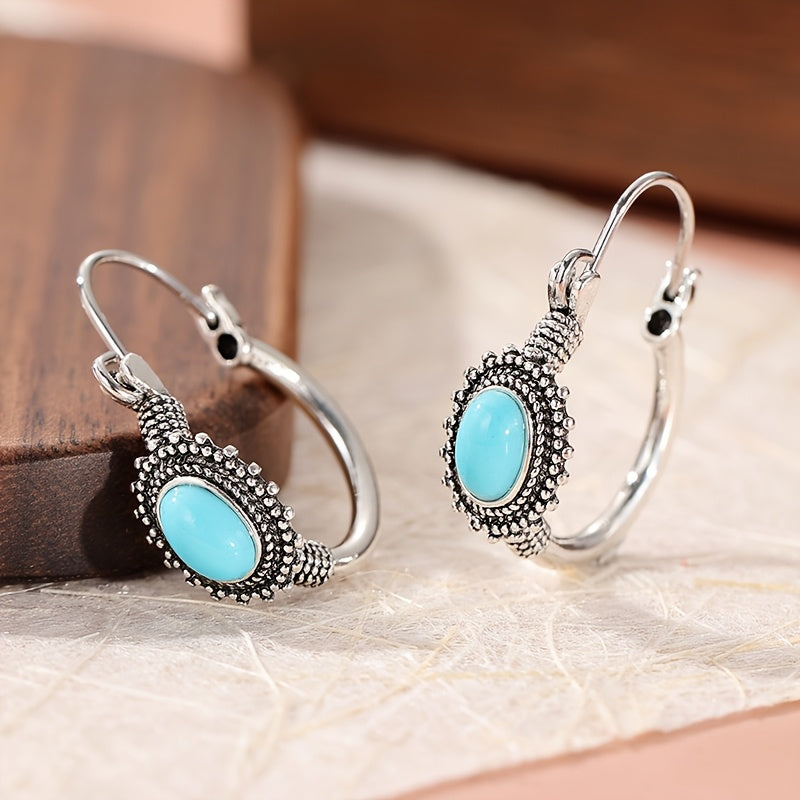 Vintage Ethnic Style Turquoise Oval Hoop Earrings