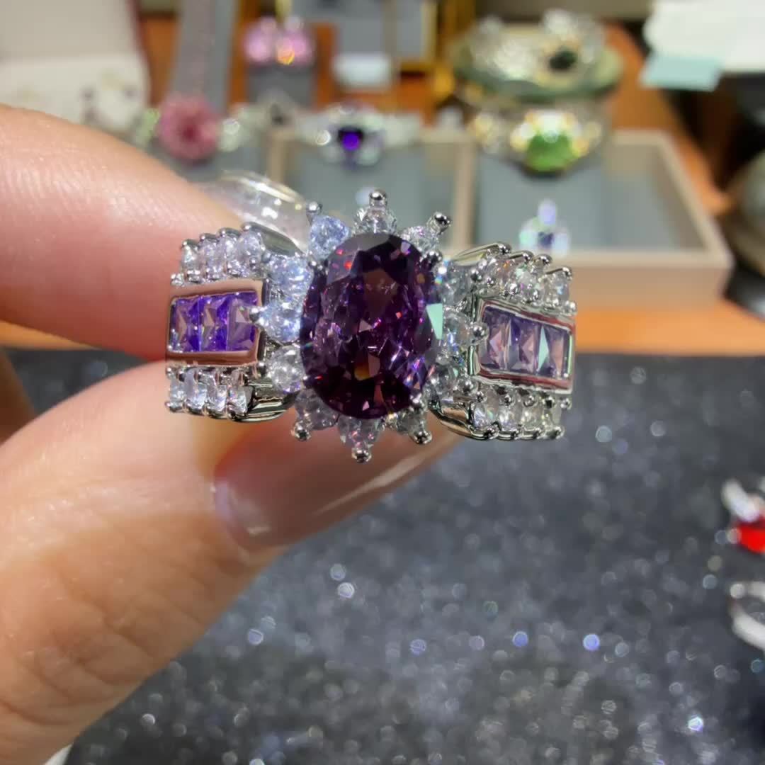 Silver Purple Oval Zirconia Stone Rings