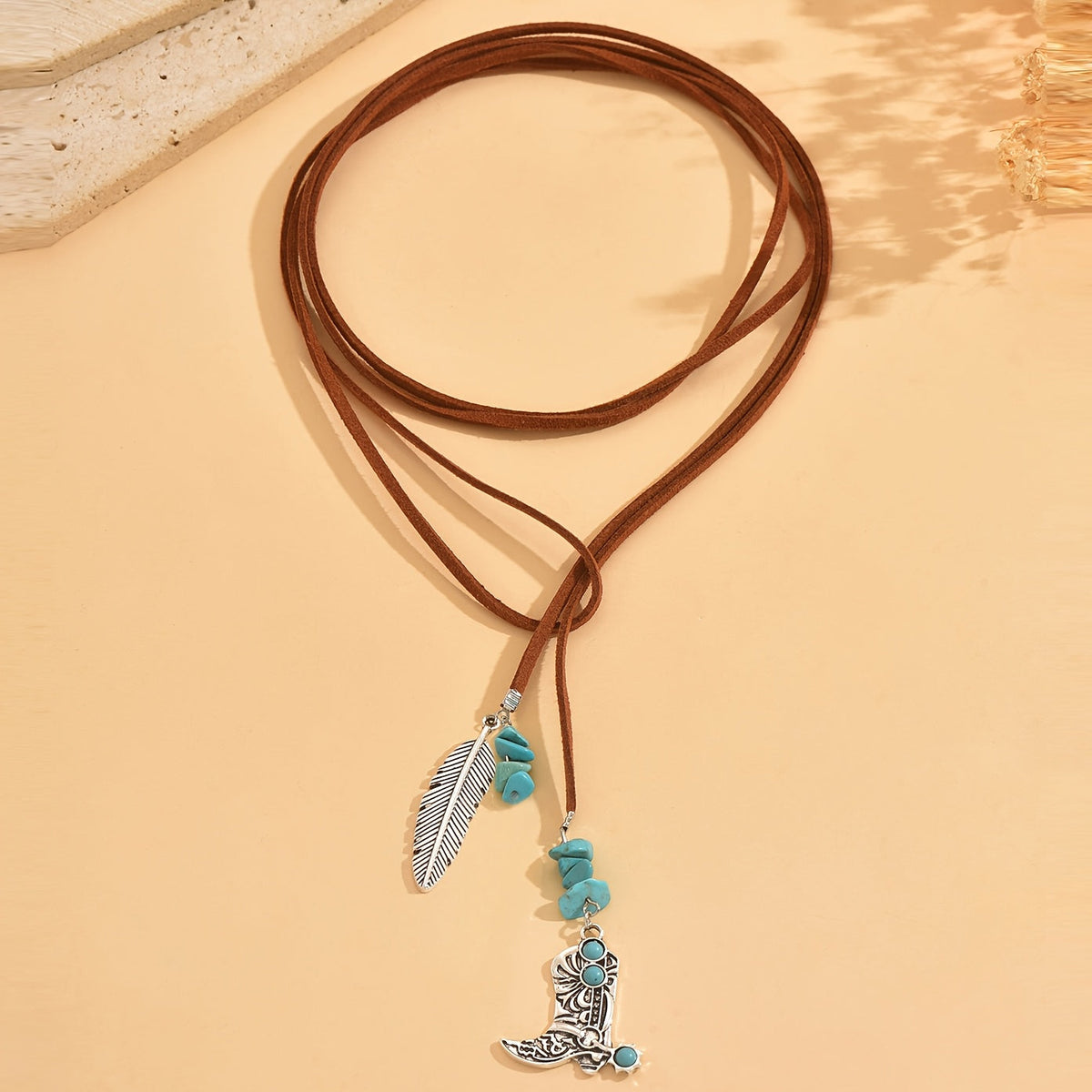 Turquoise Feather Pendant Layered Necklace