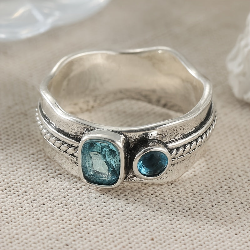 Minimalist Retro Design Geometric Blue Zirconia Ring