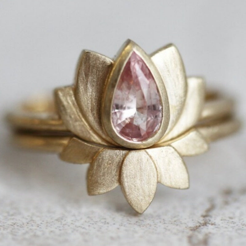 Pink Zirconia Inlay Lotus Flower Ring Set