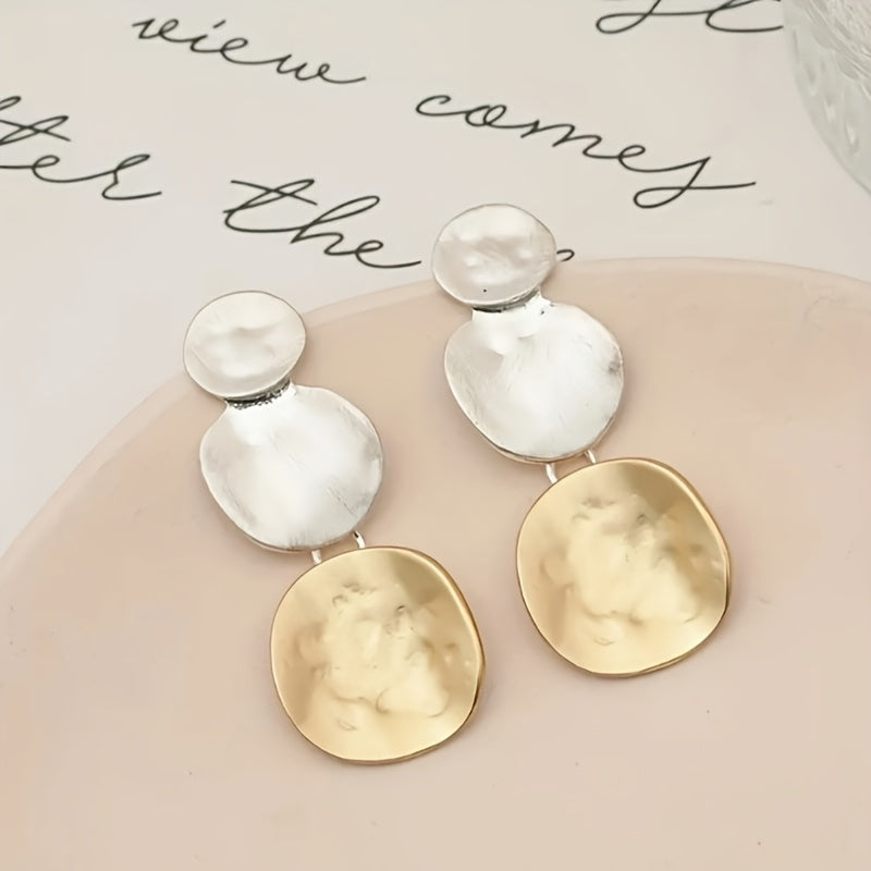 Geometric Two-Tone Hammered Disc Drop Earrings