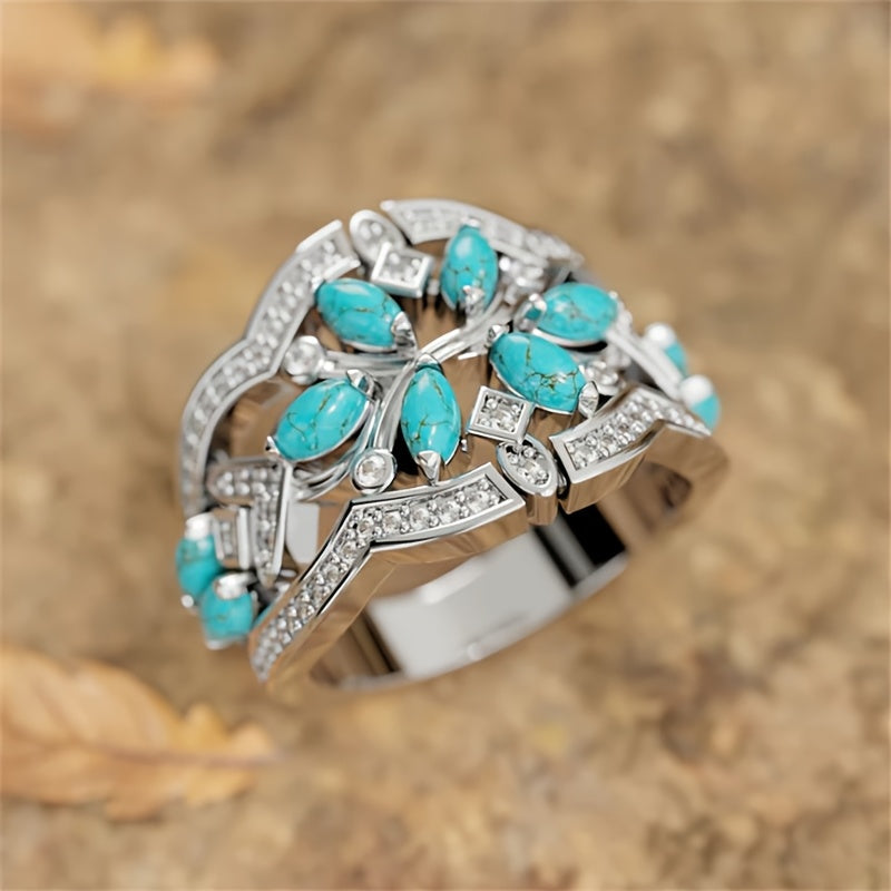 Bohemian Retro Art Turquoise & Crystal Statement Ring