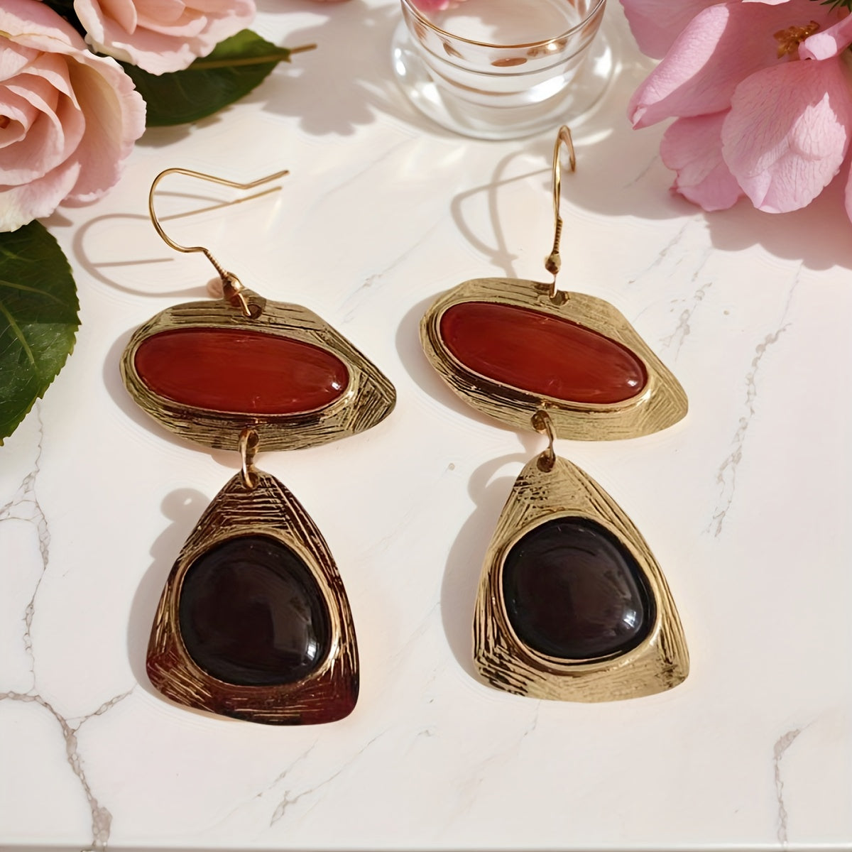 Vintage Red & Black Resin Gold Plated Drop Earrings